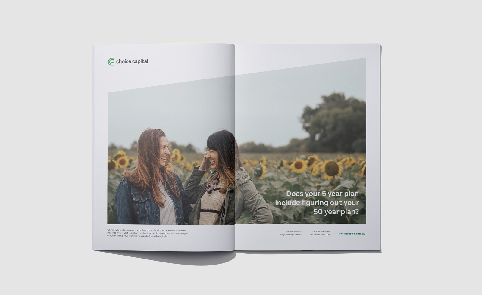 Choice Capital - Brand and Website - Finance A4 Brochure Spread Mockup | Atollon - a design company