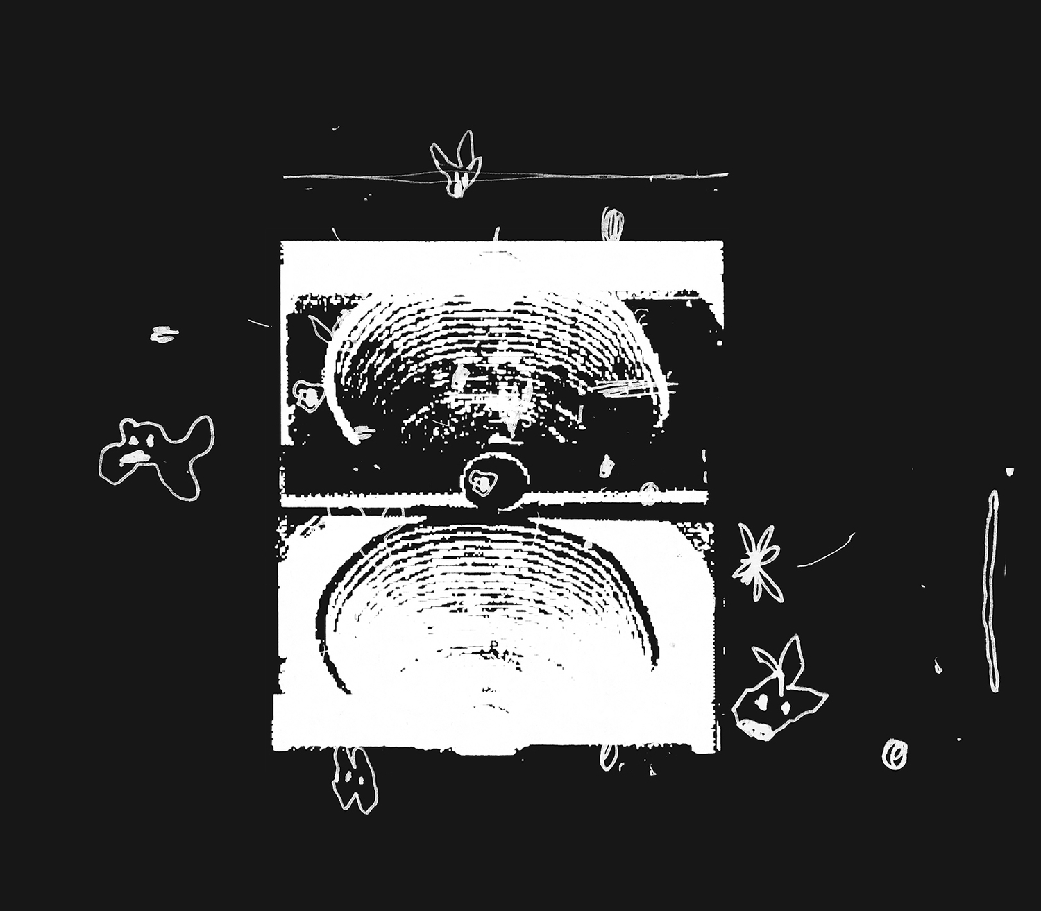 Former logo crux Black-and-white campaign visual with abstract scribble