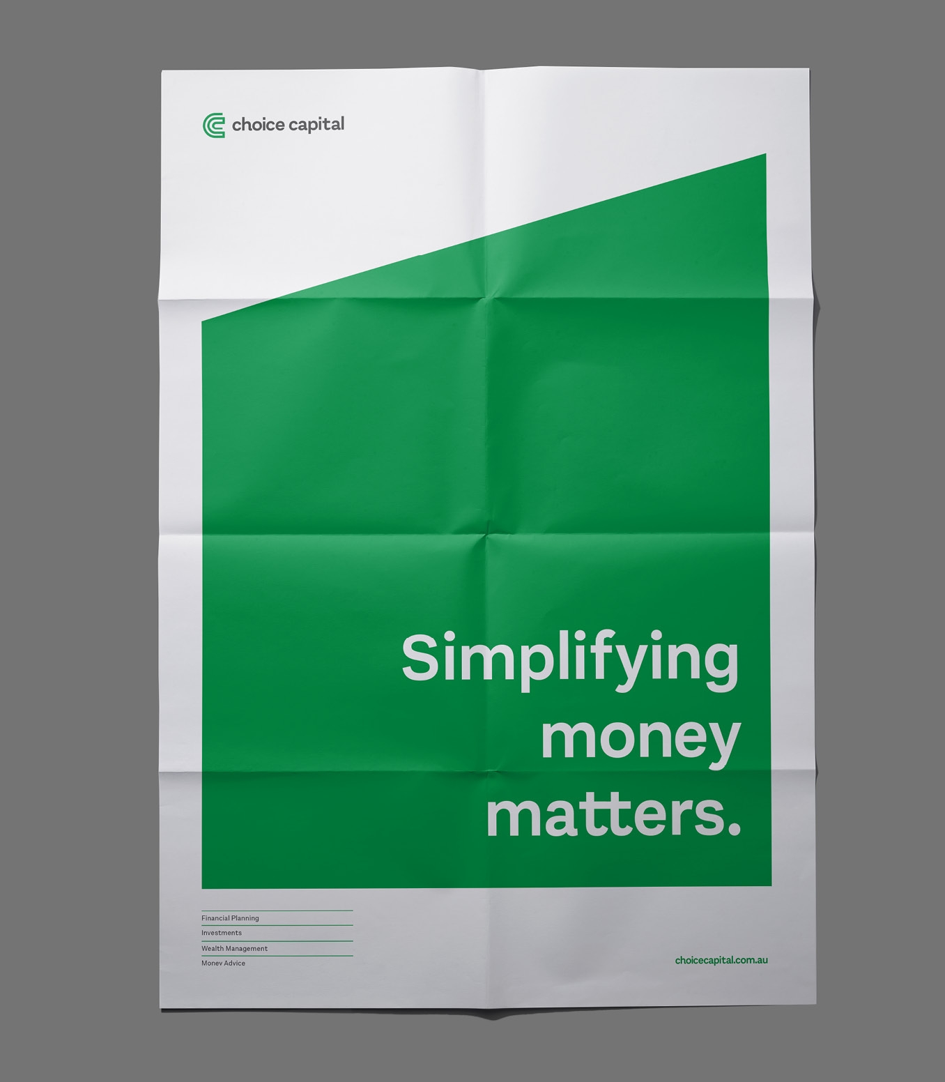 Choice Capital folded poster with the line “Simplifying money matters”